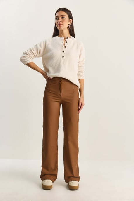 Hoge Taille Wijde Pijpen Nepleer Broek - Image 3