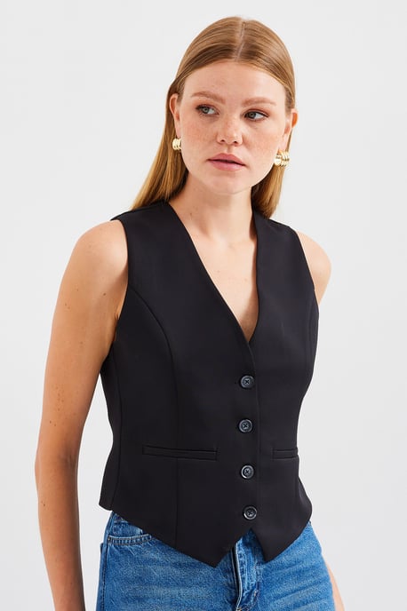 Fitted Buttoned V-hals Vest met Paspelzak - Image 2