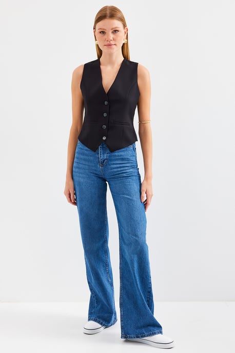 Fitted Buttoned V-hals Vest met Paspelzak - Image 3
