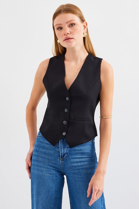 Fitted Buttoned V-hals Vest met Paspelzak - Image 5
