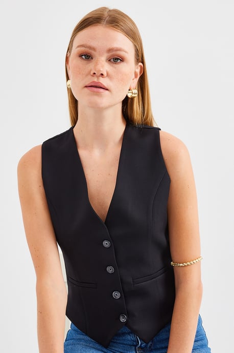Fitted Buttoned V-hals Vest met Paspelzak - Image 6