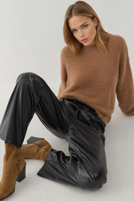 Faux leren rechte broek met elastische tailleband - Image 3