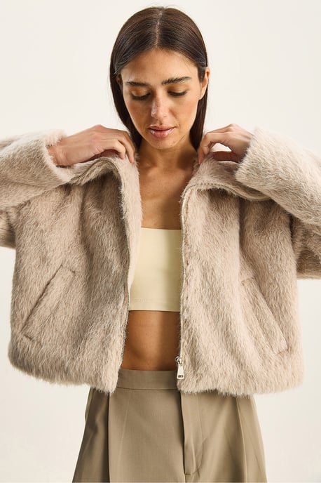 Textured Plush Bomber with Zipper Closure - Image 1