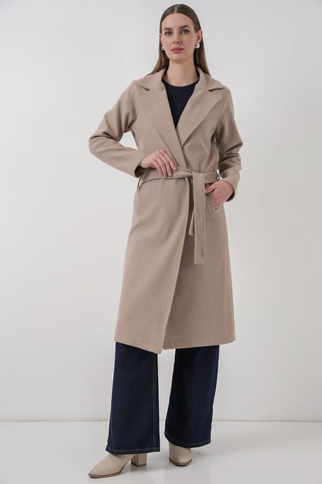 Double Breasted Tie Closure Textured Coat - Image 2