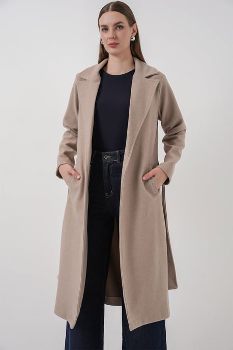 Double Breasted Tie Closure Textured Coat - Image 3