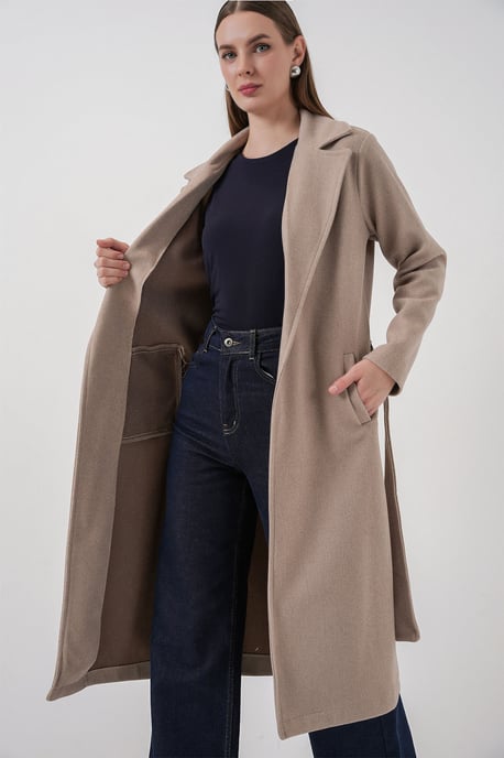 Double Breasted Tie Closure Textured Coat - Image 5
