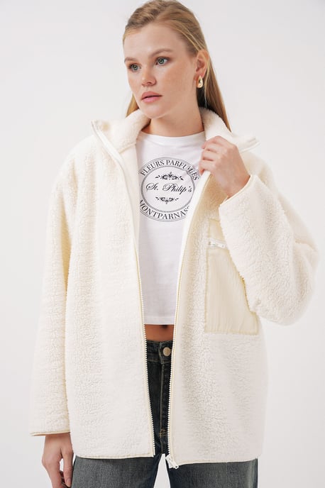 Pocket Gedetailleerde Oversized Pluchen Jas - Image 4