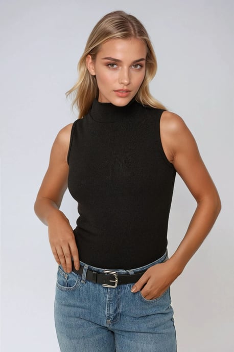Striped Half Turtleneck Sleeveless Fitted Knit Top - Image 2