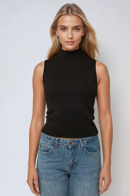 Striped Half Turtleneck Sleeveless Fitted Knit Top - Image 4