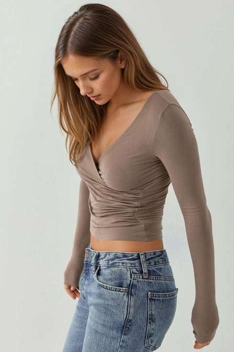 Slim Fit Zacht Aanvoelend V-Hals Lange Mouwen Top - Image 2