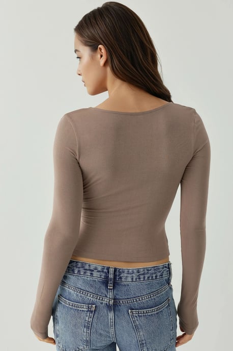Slim Fit Zacht Aanvoelend V-Hals Lange Mouwen Top - Image 3