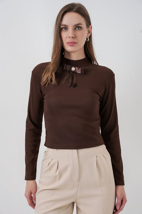 Aangesloten Lange Mouw Halve Colblouse met Lintdetail - Image 2