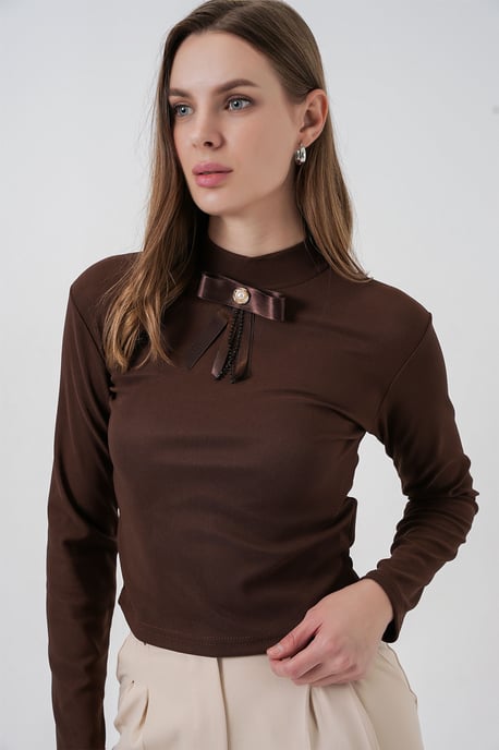 Aangesloten Lange Mouw Halve Colblouse met Lintdetail - Image 3