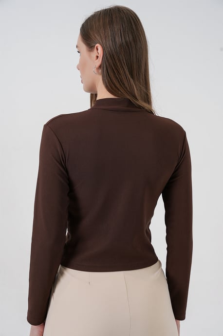Aangesloten Lange Mouw Halve Colblouse met Lintdetail - Image 5