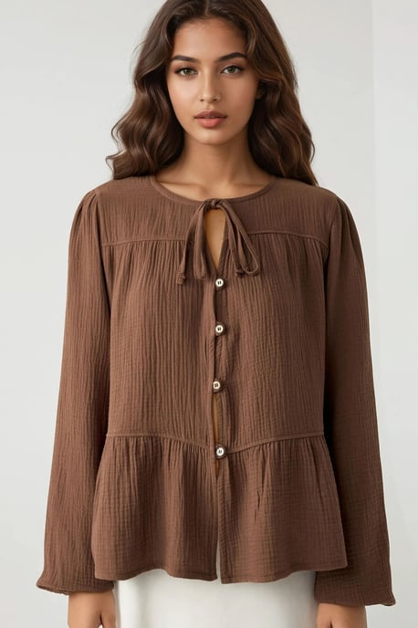 Crewneck Lange Mouwen Gewoven Mousseline Blouse - Image 1