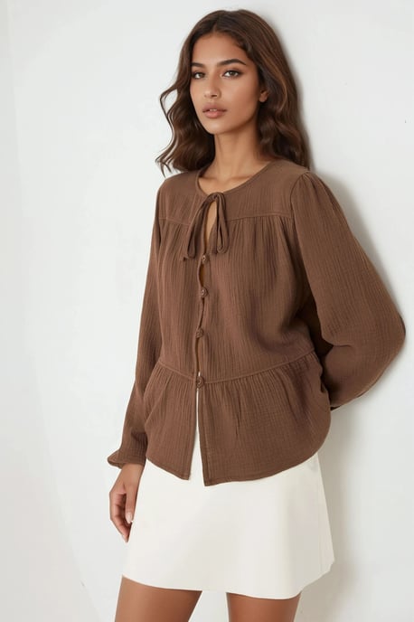 Crewneck Lange Mouwen Gewoven Mousseline Blouse - Image 2