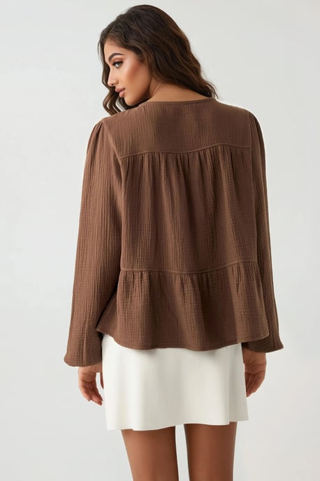 Crewneck Lange Mouwen Gewoven Mousseline Blouse - Image 3