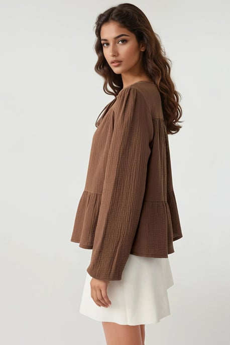 Crewneck Lange Mouwen Gewoven Mousseline Blouse - Image 5