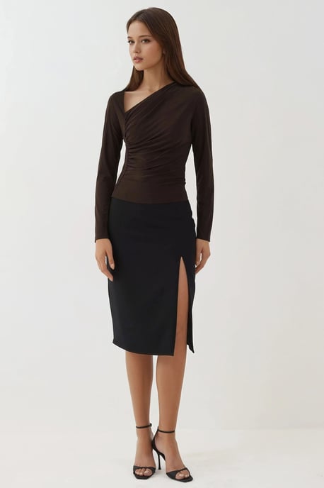 Asymmetrische Kraag Lange Mouw Zachte Gebreide Top - Image 6