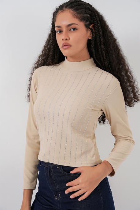 Gestreepte Halve Col Lange Mouwen Top met Steen Detail - Image 5