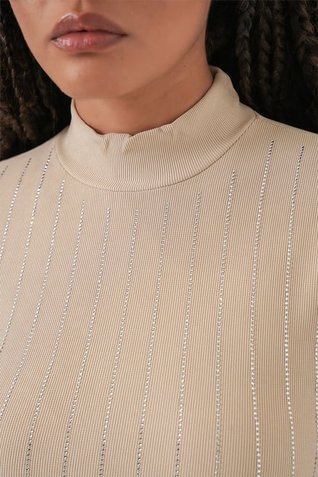 Gestreepte Halve Col Lange Mouwen Top met Steen Detail - Image 6
