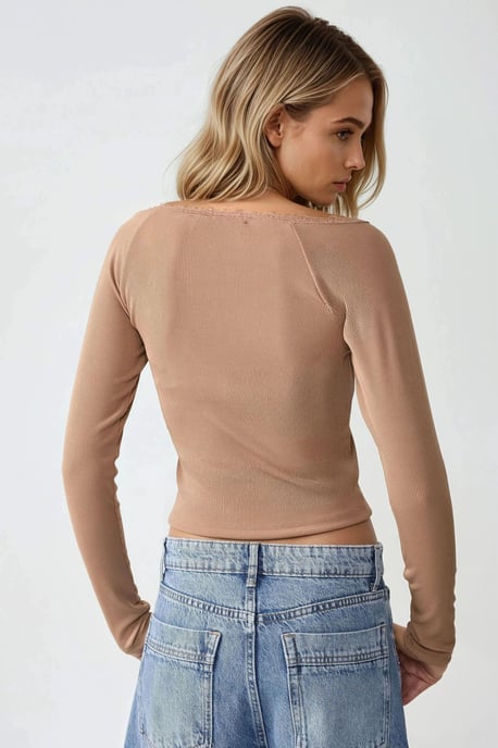 Slim Fit Spetsdetaljerad Long Sleeve Top - Image 3