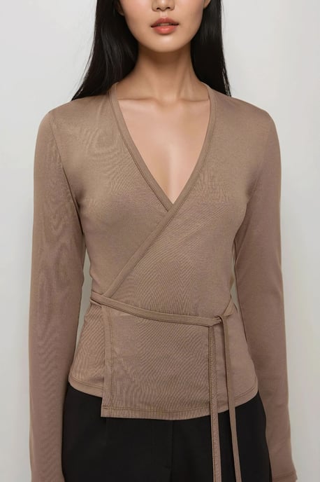 Zachte Touch Gebreide V-Hals Lange Mouwen Viscose Blouse - Image 2