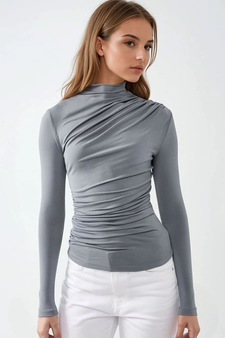 High Collar Drape Detail Blouse - Image 2