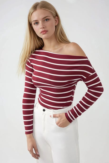 Striped Off-Shoulder Long Sleeve Ribbed Knit Top - Image 1