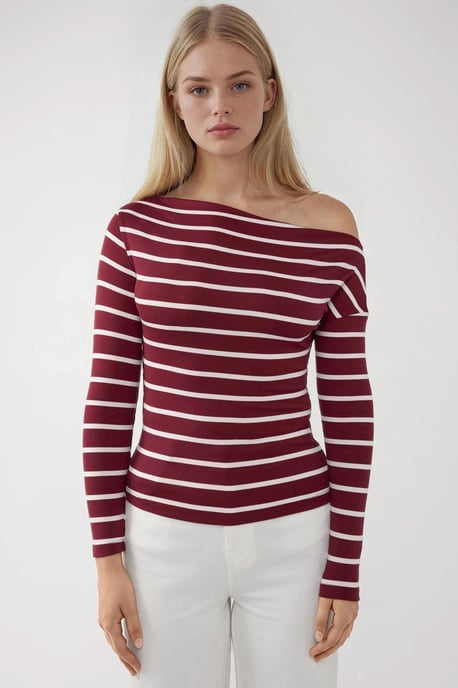 Striped Off-Shoulder Long Sleeve Ribbed Knit Top - Image 2