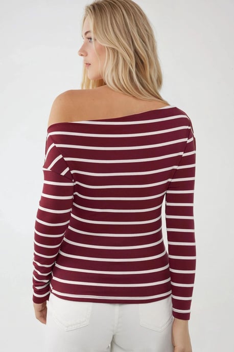 Striped Off-Shoulder Long Sleeve Ribbed Knit Top - Image 4