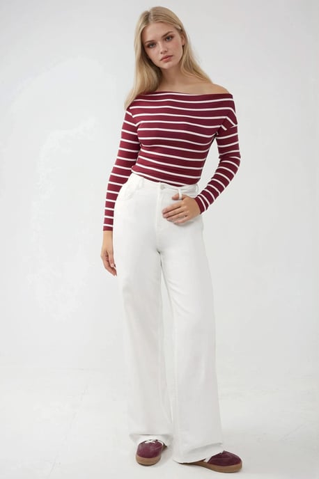 Striped Off-Shoulder Long Sleeve Ribbed Knit Top - Image 5