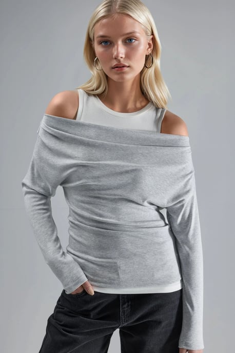 Soft Touch Crew Neck Long Sleeve Double Layer Knit Blouse - Image 1