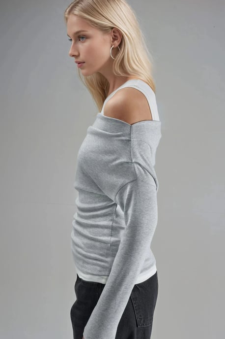 Soft Touch Crew Neck Long Sleeve Double Layer Knit Blouse - Image 2