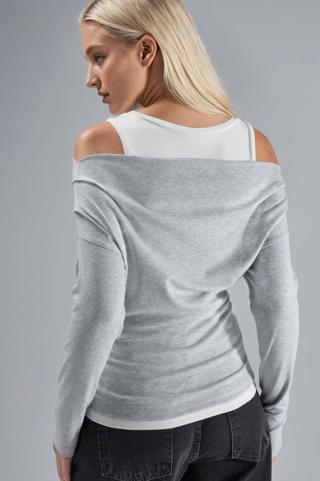 Soft Touch Crew Neck Long Sleeve Double Layer Knit Blouse - Image 3