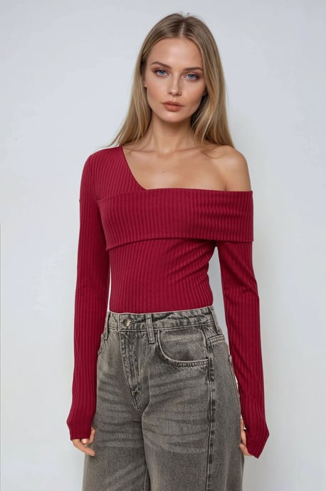 Asymmetrisk Hals Texturerad Stickad Topp - Image 2