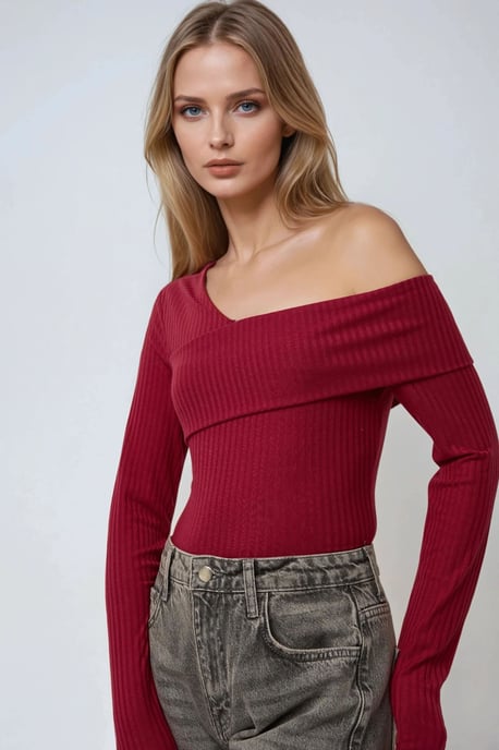 Asymmetrisk Hals Texturerad Stickad Topp - Image 3