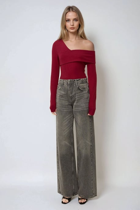 Asymmetrisk Hals Texturerad Stickad Topp - Image 4
