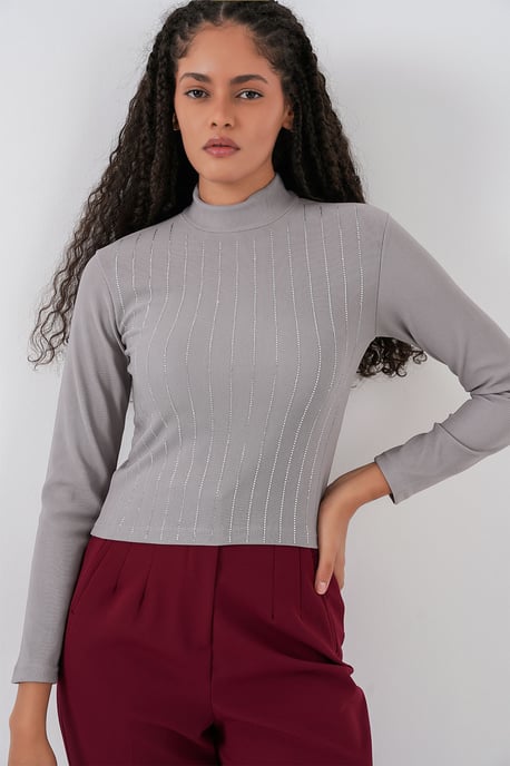 Gestreepte Halve Col Lange Mouwen Top met Stenen Detail - Image 1