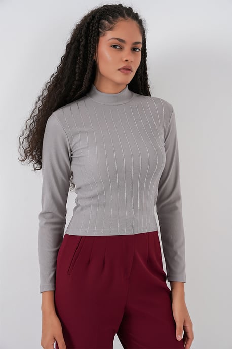 Gestreepte Halve Col Lange Mouwen Top met Stenen Detail - Image 2