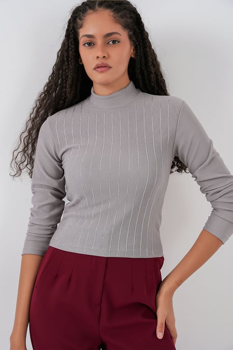 Gestreepte Halve Col Lange Mouwen Top met Stenen Detail - Image 3