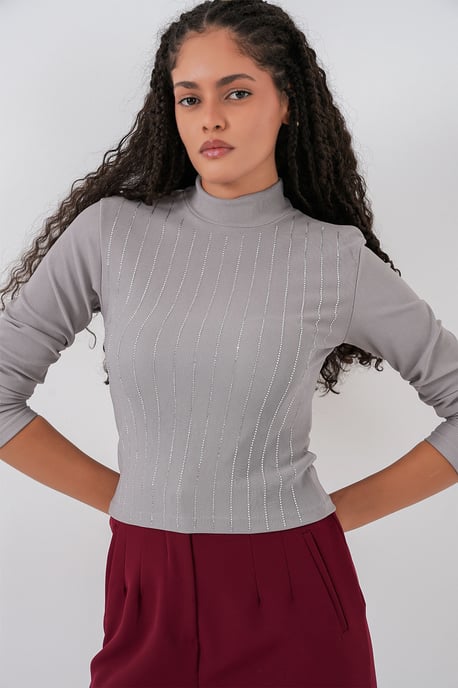 Gestreepte Halve Col Lange Mouwen Top met Stenen Detail - Image 5