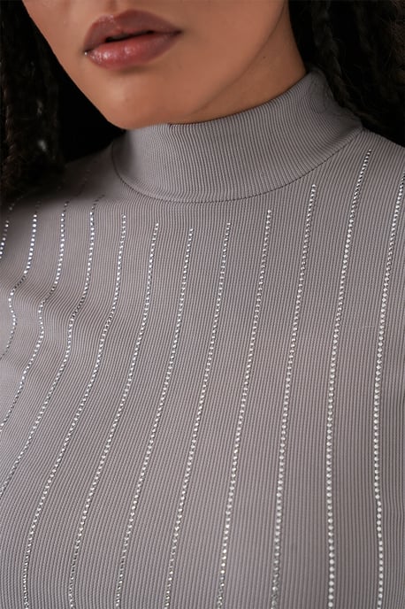 Gestreepte Halve Col Lange Mouwen Top met Stenen Detail - Image 6