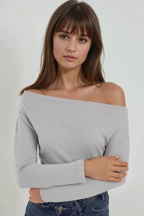 Gestreepte Off-Shoulder Lange Mouw Geribbelde Trui - Image 2