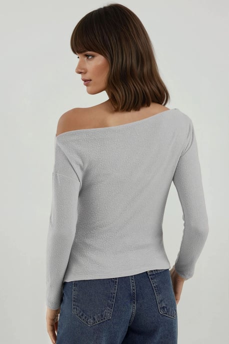 Gestreepte Off-Shoulder Lange Mouw Geribbelde Trui - Image 4