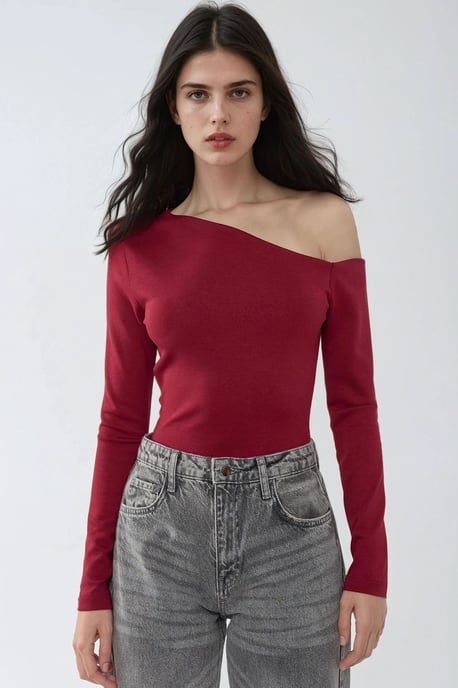 Asymmetrisk Hals Långärmad Slim Fit Topp - Image 2