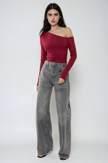Asymmetrisk Hals Långärmad Slim Fit Topp - Image 3