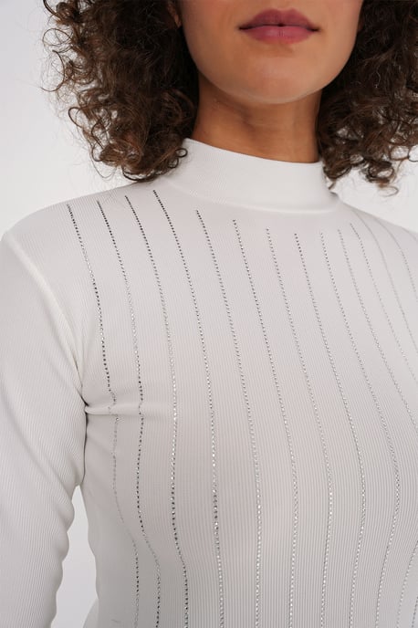 Gestreepte Halve Col Lange Mouw Top met Steen Detail - Image 4