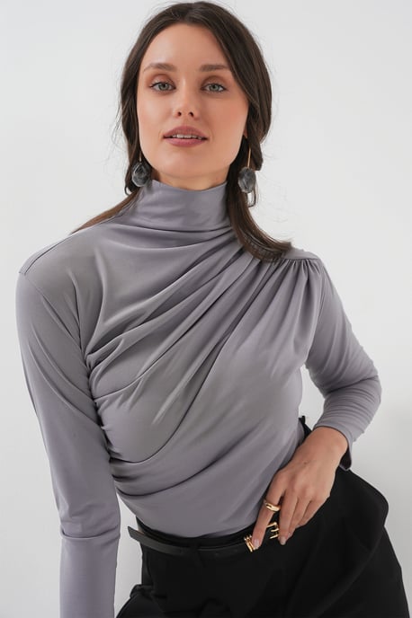 Fitted Turtleneck Blouse with Drape Detail - Image 1