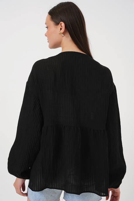 Textured Seersucker V-Neck Blouse with Bow Tie - Image 5